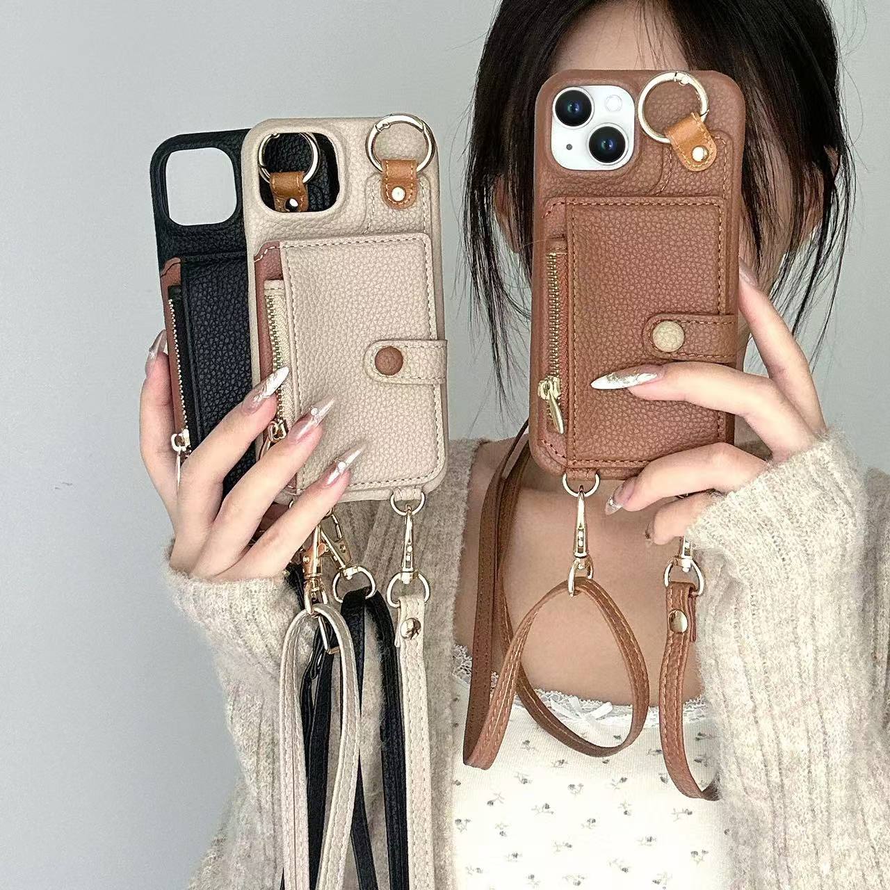 苹果16卡套一体适用苹果15pro手机壳带斜挎挂绳iPhone14plus零钱包13promax钱包12收纳包11可背xs放卡xr镜子
