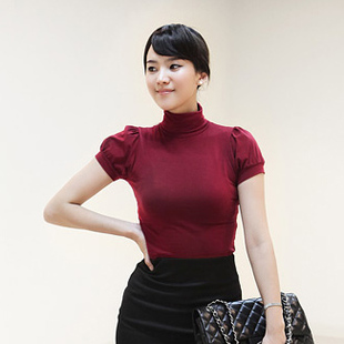 2024新款夏季韩版女士装莫代尔高领泡泡短袖上衣打底T恤衫加大码