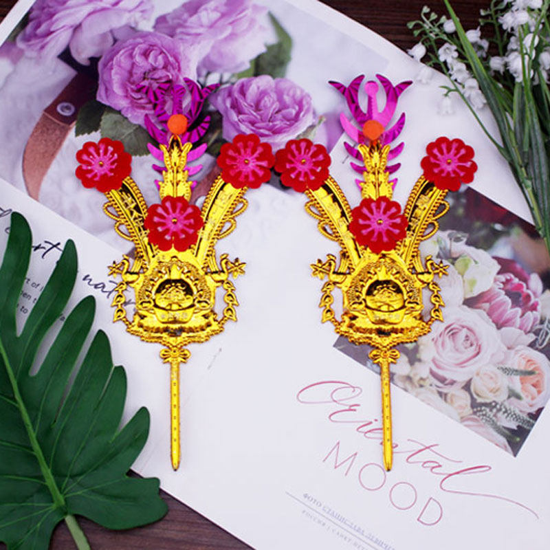 潮汕拜神敬佛供奉金花揭阳神花凤尾塑料花饰品插香炉金花红绸1对