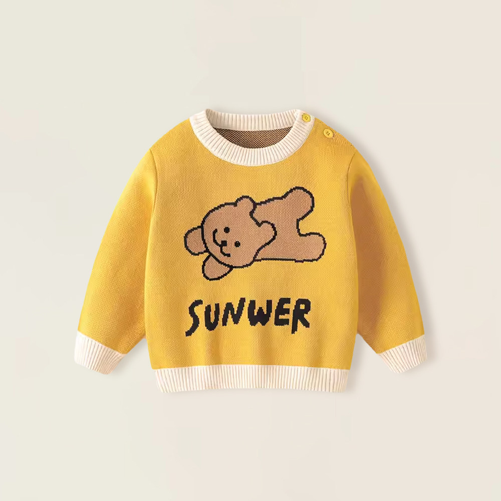 宝宝毛衣a类纯棉秋冬款男女小童卡通小熊圆领加厚打底针织线衫