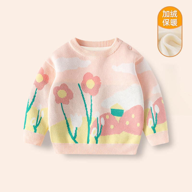 女童冬季加绒毛衣宝宝婴幼儿花朵纯棉套头圆领打底针织衫加厚新款