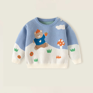 男童毛衣秋冬新款婴儿小宝宝a类纯棉拼色双层加厚帅气小熊针织衫