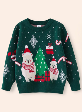 宝宝圣诞毛衣秋冬款男女童儿童圆领套头美式氛围绿色打底针织衫