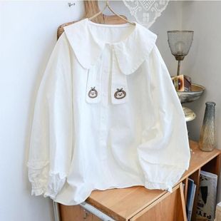 日系森系娃娃领大码女装长袖百搭衬衫女春季内搭宽松上衣胖mm遮肉