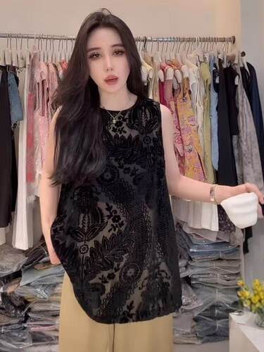 大码女装气质镂空百搭蕾丝无袖背心女新款宽松洋气植绒网纱上衣
