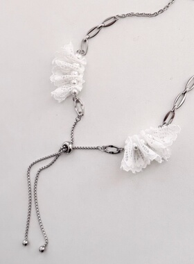 日韩系ins风白色蕾丝花边几何串珠拼接抽拉项链小众甜酷复古y2k