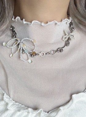 日韩系ins风串珠花朵蝴蝶结螺旋拼接项链小众复古y2k甜酷锁骨链