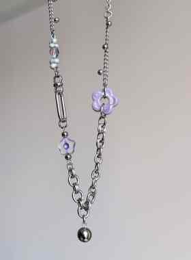 日韩系ins风灰紫色花朵串珠拼接项链小众设计y2k复古甜酷锁骨链