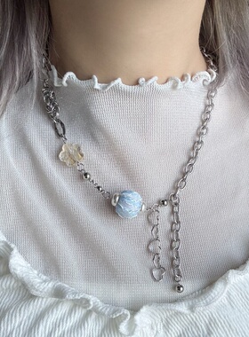 日韩系ins蕾丝花边花朵串珠爱心几何拼接项链小众设计y2k甜酷叠戴