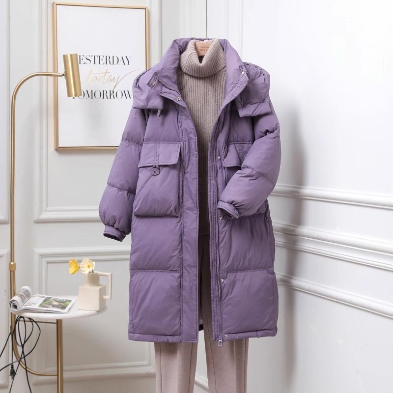 羽绒服女中长款2025年冬季新款韩版收腰连帽过膝加厚白鸭绒外套潮