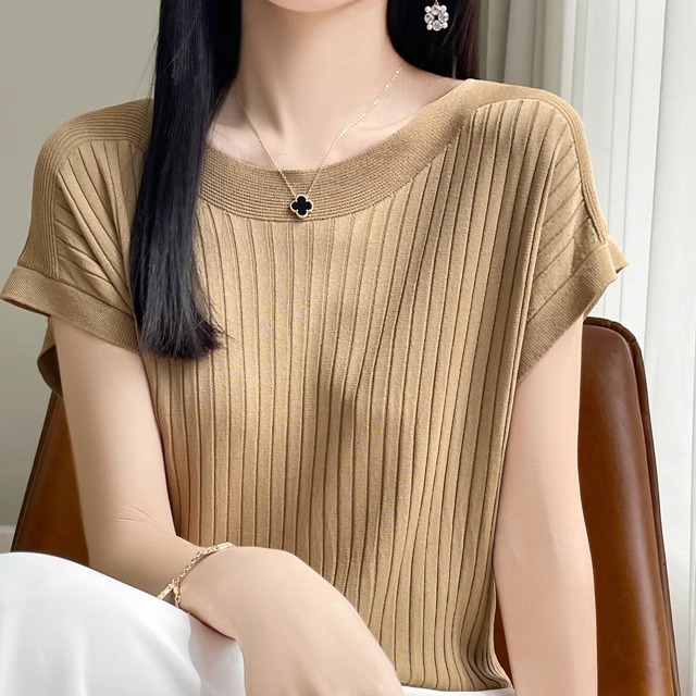 2025夏季新款冰丝针织衫女宽松上衣一字领轻薄短袖t恤小衫潮百搭