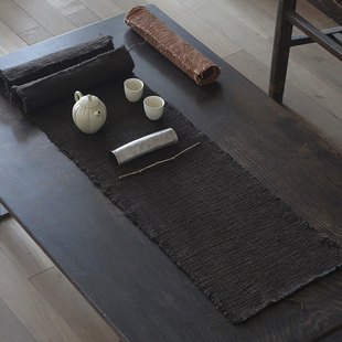 合行序 植物染茶席薯莨染手工布自然流苏小众草木染桌旗布垫