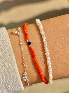 dovetail joint - 好品质橘红调极细南红青金石18K金珠弹力手串