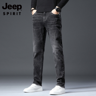吉普牛仔裤男士秋冬季新款加绒加厚直筒修身长裤潮牌高端休闲裤子