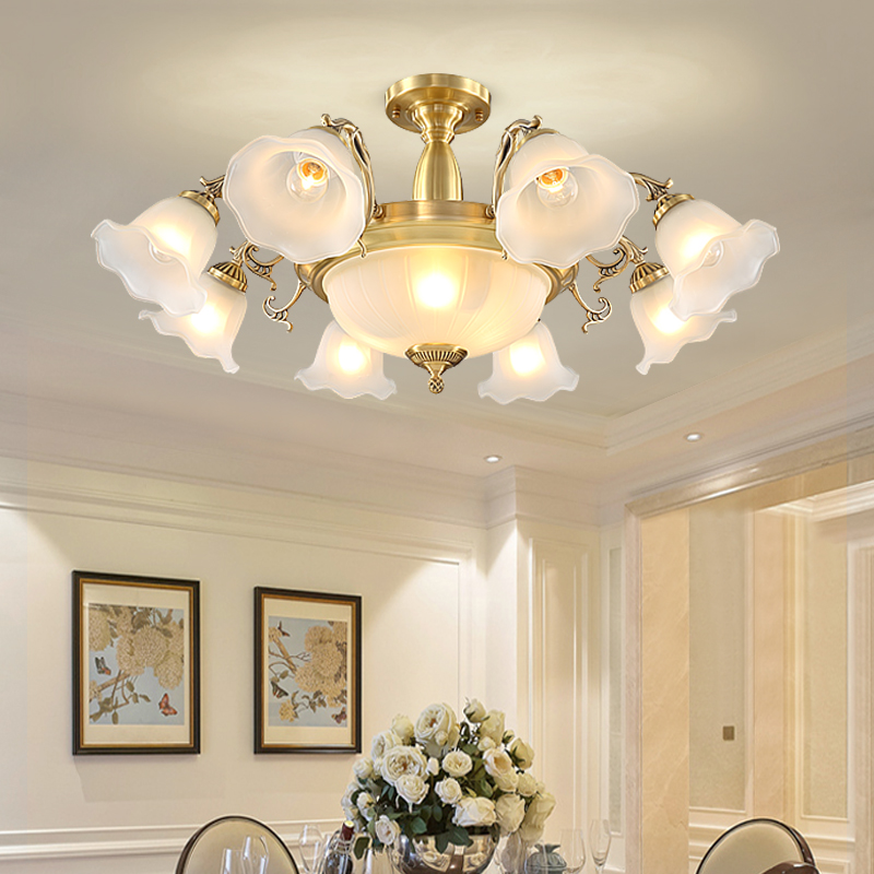 全铜客厅大气欧式吊灯现代简约复古卧室led灯头螺口主灯餐厅灯具