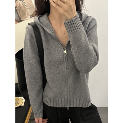 连帽双拉链短款毛衣开衫外套女