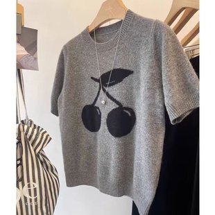 灰色樱桃提花短袖针织衫女内搭早秋新款宽松显瘦圆领短款打底上衣