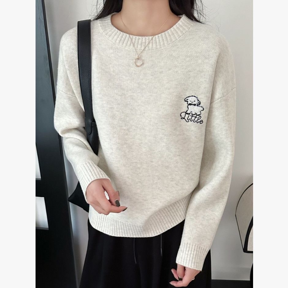 卡通毛巾绣小狗圆领毛衣女