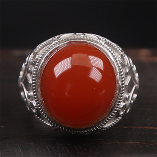 保山南红无裂柿子红冰红蛋面 男士925银镶嵌戒指戒面 11.25克