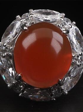 保山南红玛瑙 无裂原矿冰红冰飘戒面女款戒指 925银镶嵌3.87克