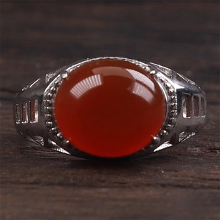 保山南红玛瑙 无裂原矿冰红戒面 925银镶嵌男女款戒指 4.86克