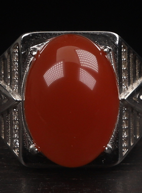 保山南红玛瑙 无裂原矿冰红蛋面 925银镶嵌男款戒指戒面 7.24克