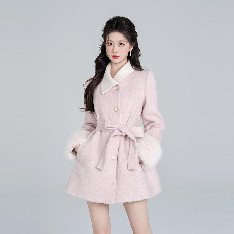 LHN大码高级感毛呢大衣粉色女