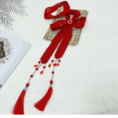 红色珍珠闪钻酢浆草绶带 原创手工汉服国风腰挂古风马面裙配饰