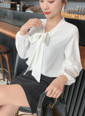 春秋新款白衬衫女职业气质女式长袖衬衣蝴蝶结系带雪纺上衣