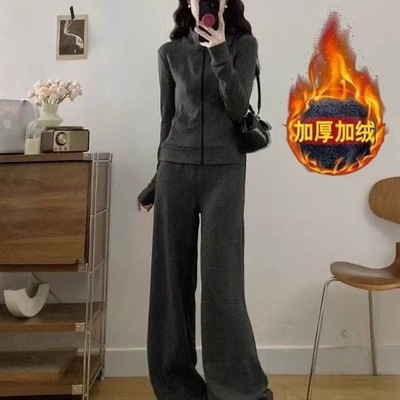 加绒加厚慵懒风条纹休闲运动套装修身显瘦韩系气质穿搭两件套女冬