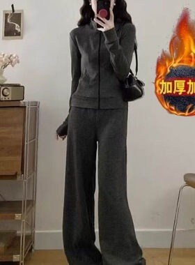 条纹松弛感懒人休闲运动套装韩版宽松连帽开衫卫衣阔腿裤两件套女