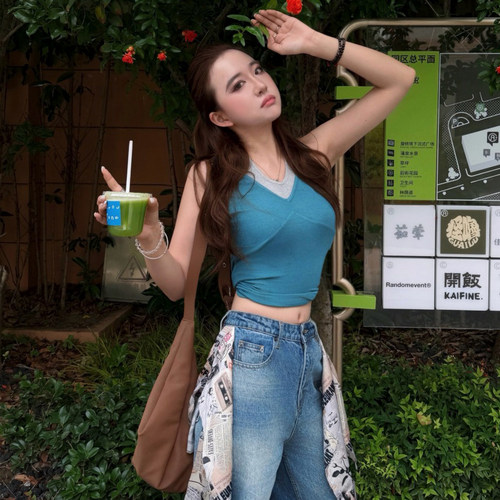 【孙千同款】JAC FLEURANT26春夏拼色挂脖假两件吊带女士休闲背心