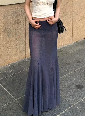 LOOSINGWHITE设计师2025夏季新款透视鱼尾半身裙修身天丝长裙子女