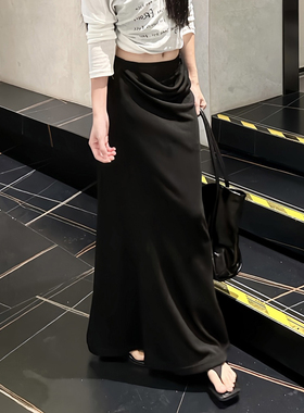 LOOSINGWHITE设计师2025透明腰醋酸鱼尾半裙黑色性感显身材女长裙