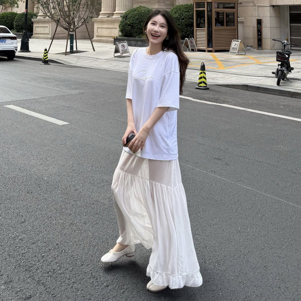 LOOSINGWHITE2025夏秋新款两件套叠穿T恤连衣裙长裙子女裙长纱裙