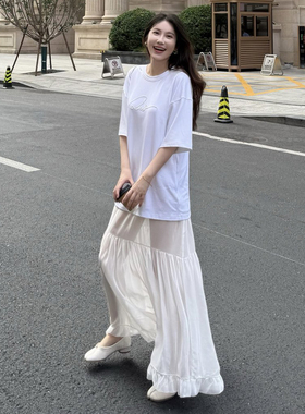 LOOSINGWHITE2025夏秋新款两件套叠穿T恤连衣裙长裙子女裙长纱裙