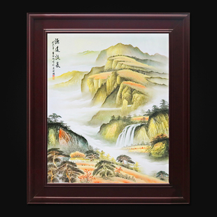 饰画实木框 景德镇陶瓷器名家手绘山水瓷板画新中式 挂画客厅玄关装