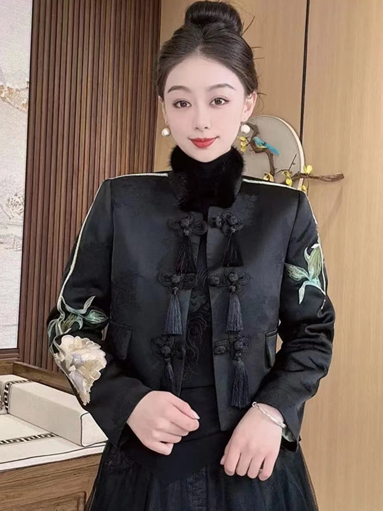 新中式女士棉衣盘扣棉服女装冬季短款刺绣复古中国风棉袄外套夹棉