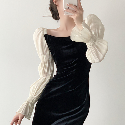 法式复古长袖丝绒连衣裙秋