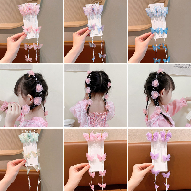 儿童流苏蝴蝶发夹超仙珍珠女童编发链条头饰小女孩发带辫子发饰女