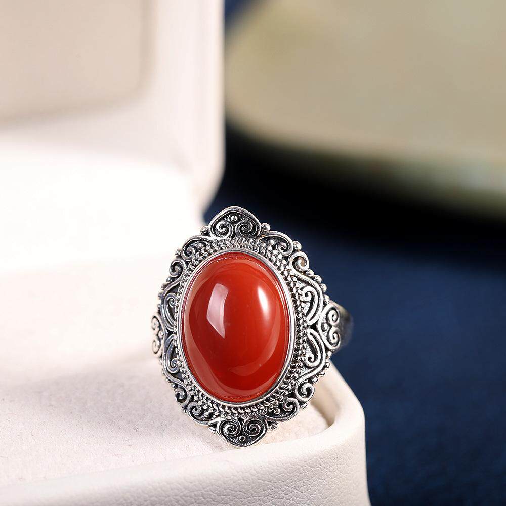 柏羽银饰925纯银南红玛瑙戒指女开口大宝石指环简约个性民族风