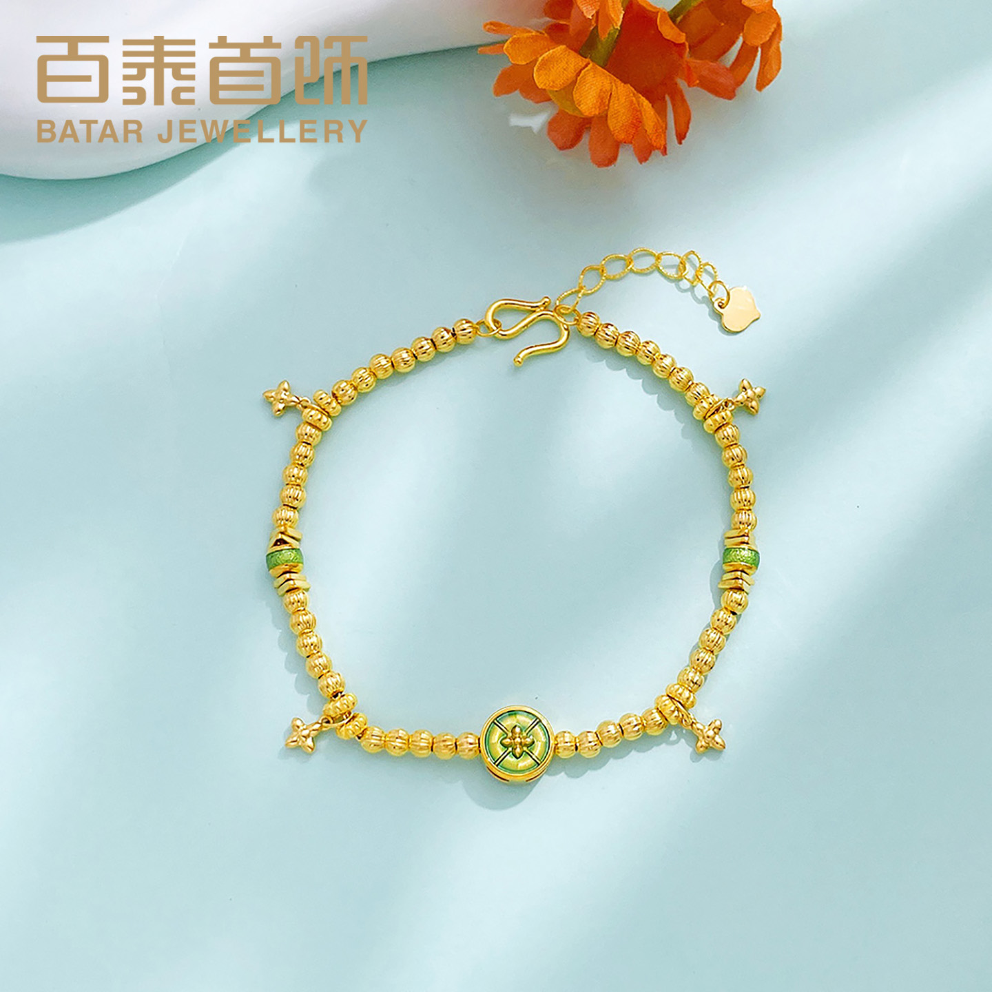 百泰首饰足金999黄金手链如意纹圆盘转运金珠金圈手串手环女礼物