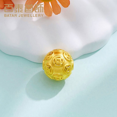 百泰首饰黄金手链配件铜钱转运金珠路路通钱币珠Diy足金手串配饰
