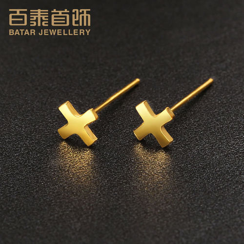百泰几何黄金耳钉足金999耳饰养耳棒字母X金耳坠珠宝时尚耳棍