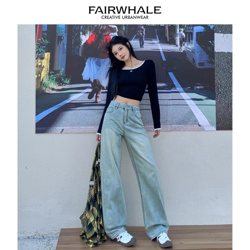 马克华菲 直筒牛仔裤女2025新款小个子显瘦撞色刺绣高级感阔腿裤