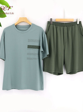 caser凯撒男士夏季森格圆领印花家居服套装AM01-F803短袖短裤睡衣