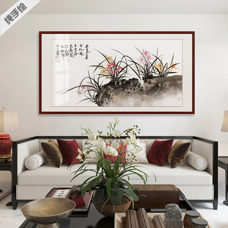 平墨斋手绘手工国画字画客厅背景茶社酒店书房三尺横幅兰花兰石图