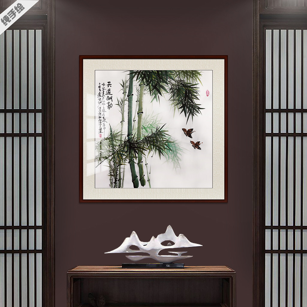 纯手工茶社镜框斗方彩墨竹子国画