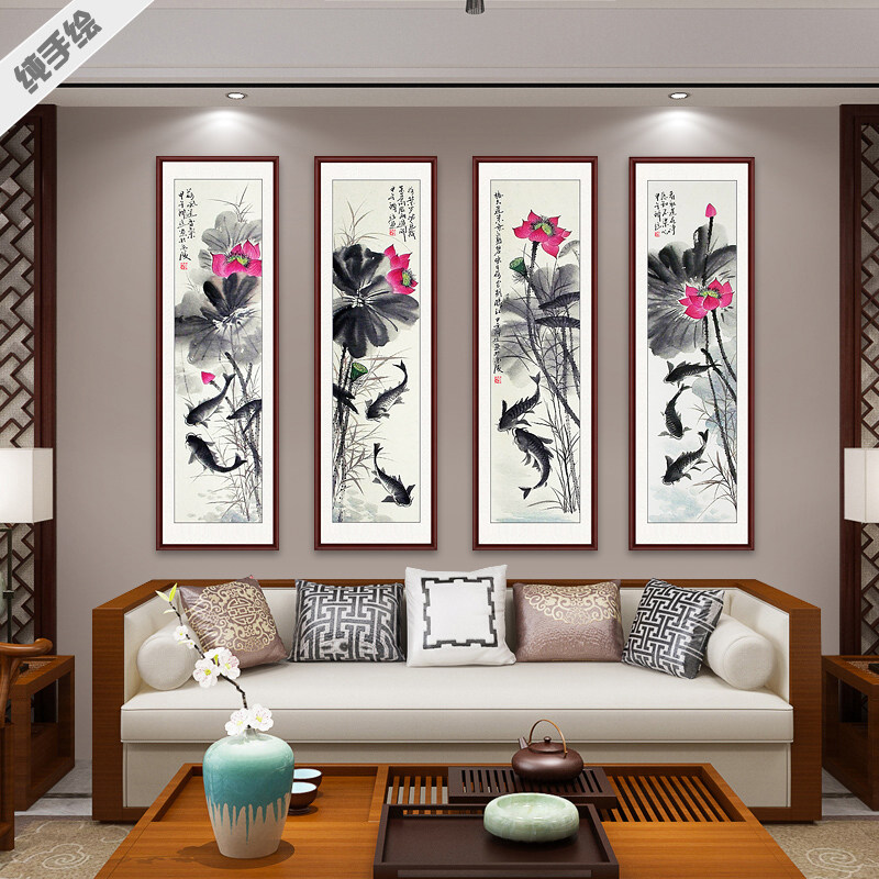 酒店四条屏荷花鱼乐图手绘国画