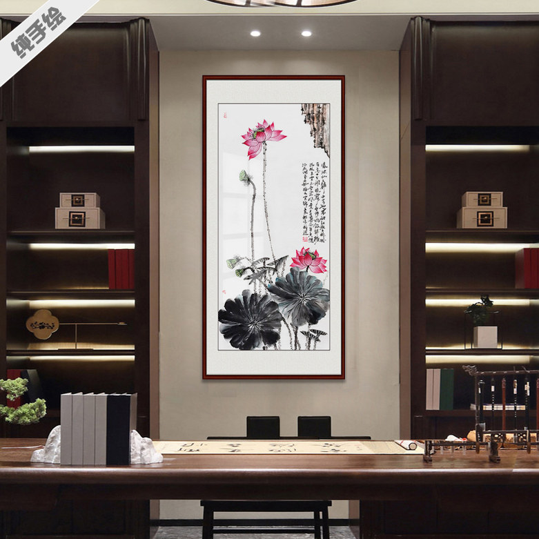 小六尺手绘醉迂国画莲花鸟真迹字画玄关连年有余写意水墨鲤鱼荷花